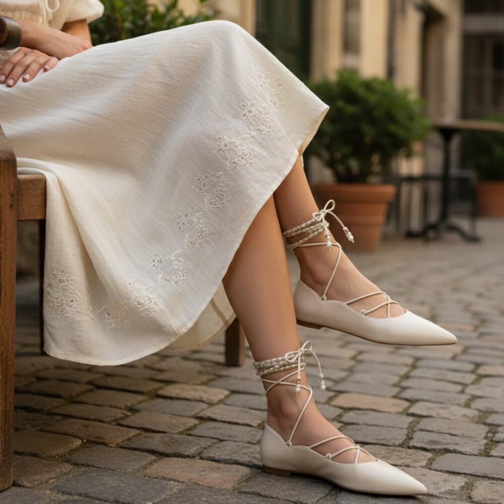 Sam Edelman Winslet Ivory Nappa Leather Lace up Pearl Beaded Pointy Toe Flats